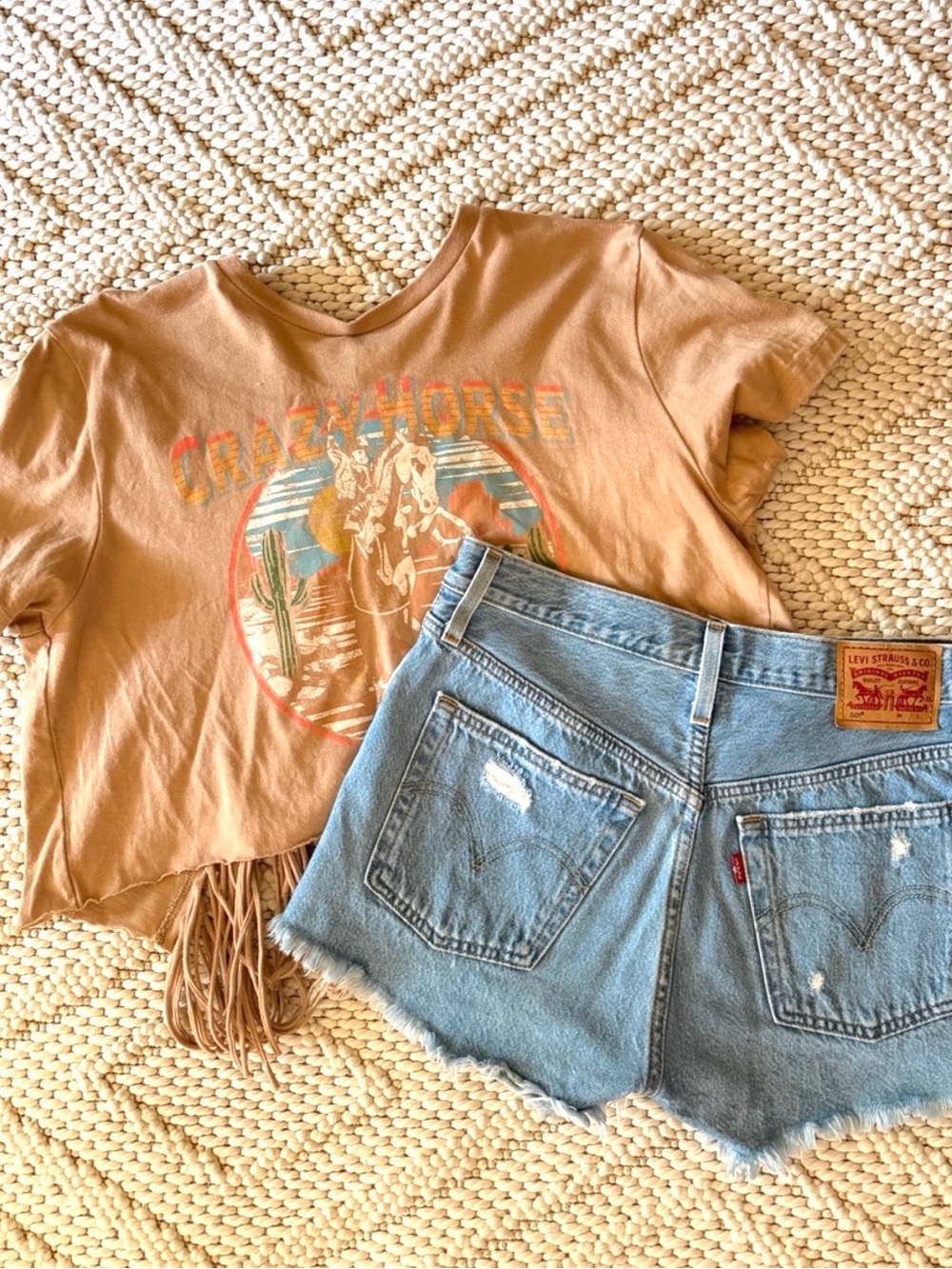 Levi's Light Wash Distressed Denim Cutoff Shorts & fringe top
